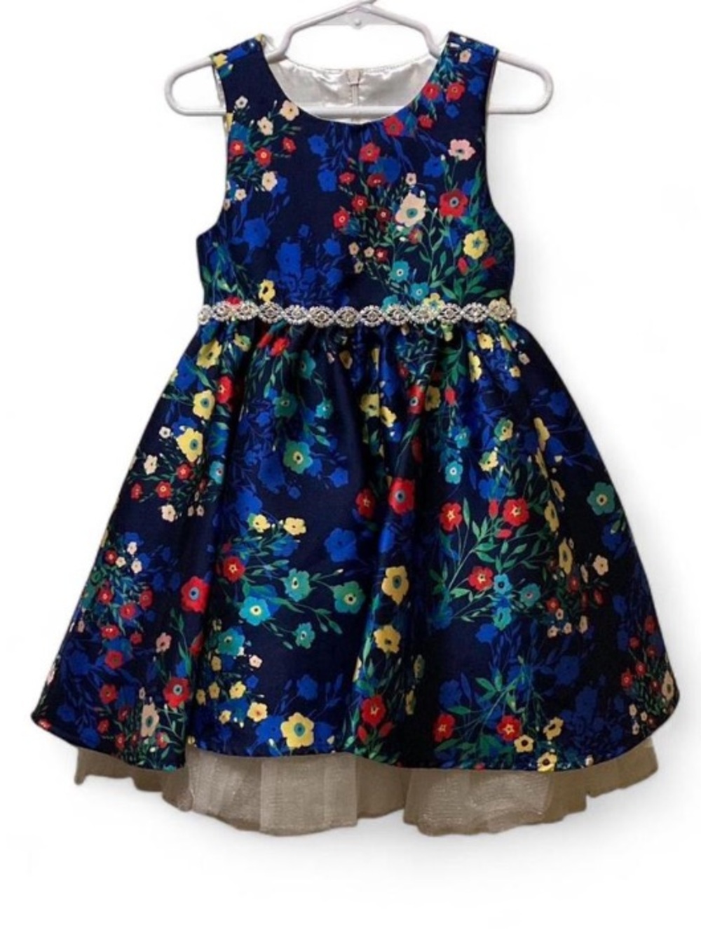 Navy Floral Bedazzled Jeweled Waist Girls' Party Dress